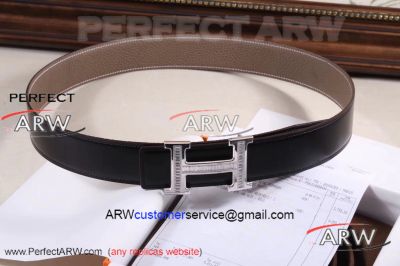 Perfect Replica Hermes Black Belt Brown Back Diamonds Stainless Steel Buckle For Sale